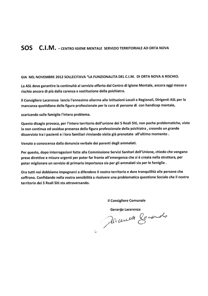 Intervento sul CIM del Consigliere Lacerenza