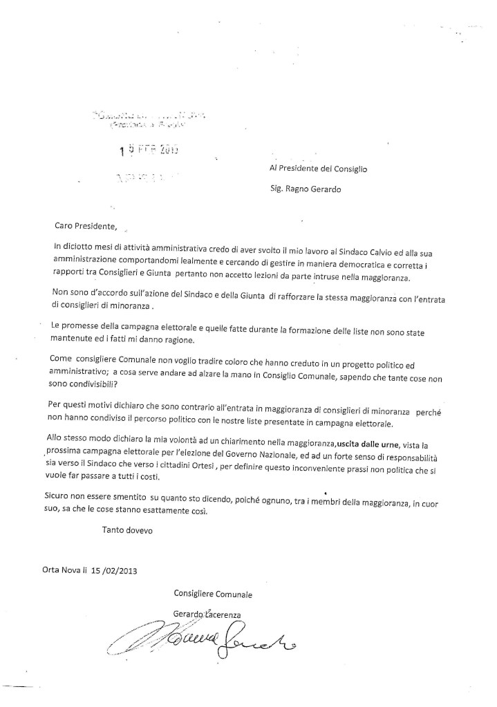Lettera al presidente del consiglio Lacerenza