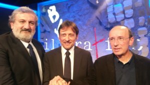 I tre candidati da sinistra Michele Emiliano, Dario Stafano e Guglielmo Minervini ospiti di Telenorba